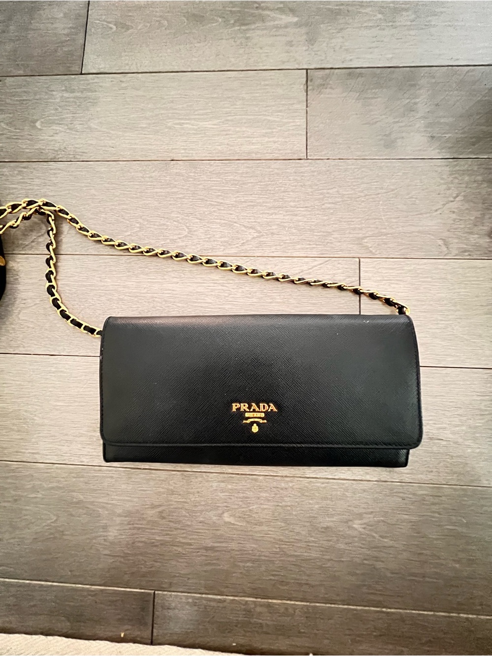 Authentic Prada Black Saffiano Leather Chain Clutch/Wallet with Gold Hardware